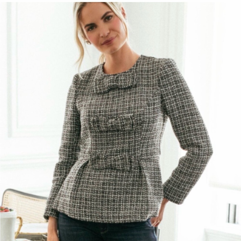 Tuckernuck Pomander Place Brielle Tweed Jacket Womens M Bow‎ Front Office Preppy